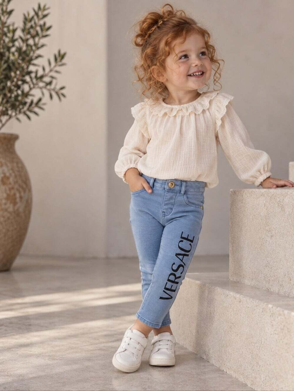 Versace Baby Leggings 12-18M Blue Logo Made in Italy Designer Kids